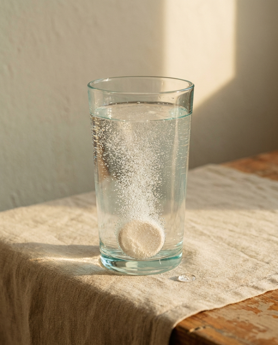 Eine Brausetablette löst sich am Boden eines Glases auf, feine Bläschen steigen auf, warmes Tageslicht auf Leinen.